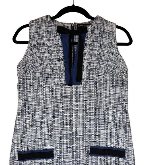 Karl Lagerfeld Paris Blue Tweed Tie Front Sheath Dress Size 4 Classic, Career - Picture 2 of 13